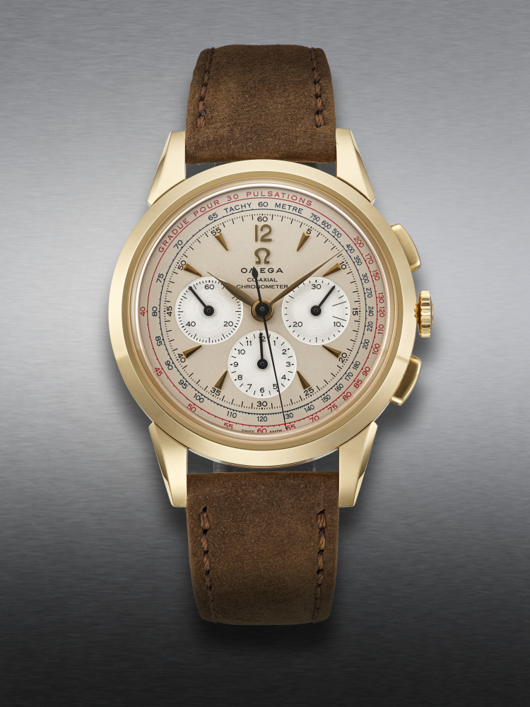 OMEGA, LIMITED EDITION PINK GOLD CHRONOGRAPH 'MUSEUM COLLECTION, N°8 RACEND TIMER', NO. 875/1949, REF. 516.53.39.50.02.001