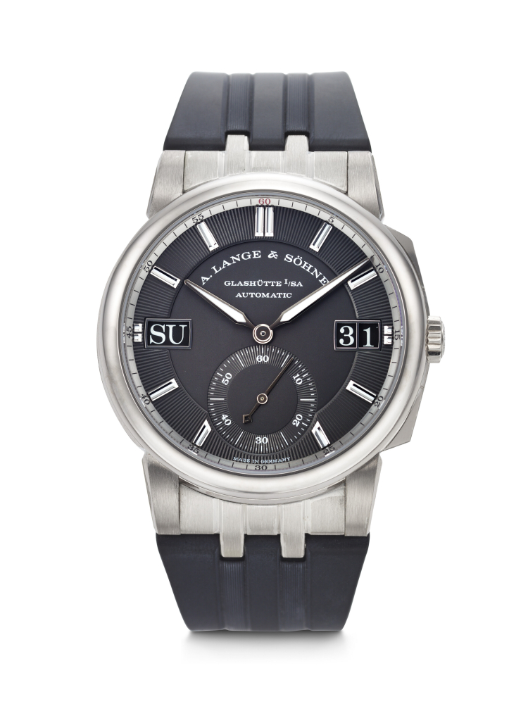 A. LANGE SÖHNE. AN ATTRACTIVE AND STICKERED 18K WHITE GOLD AUTOMATIC WRISTWATCH WITH DAY AND DATE