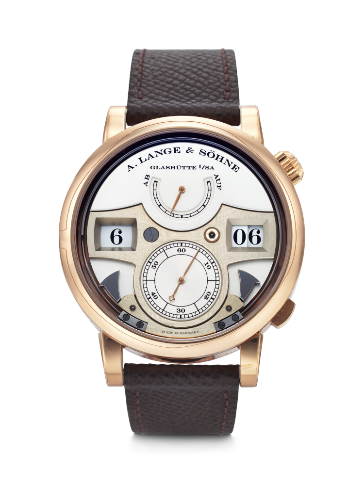 A. LANGE SOHNE. AN EXCEPTIONAL AND IMPRESSIVE 18K PINK GOLD STRIKING TIME WRISTWATCH WITH DIGITAL TIME DISPLAY, POWER RESERVE INDICATION AND HACK FEATURE