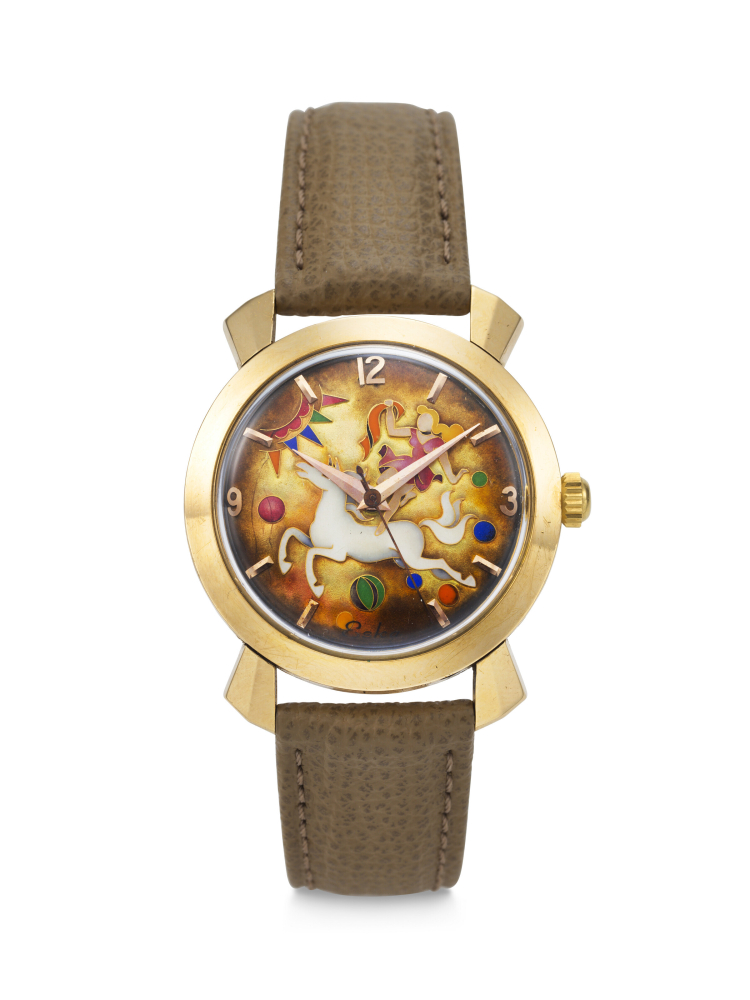 ESKA. A RARE, DESIRABLE AND VIBRANT 18K PINK GOLD AUTOMATIC WRISTWATCH WITH SWEEP CENTRE SECONDS AND CLOISONNÉ ENAMEL 'CIRQUE' DIAL