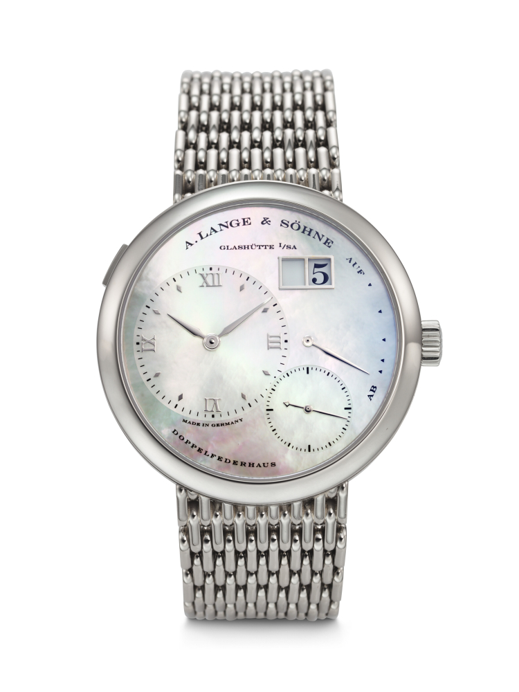 A. LANGE SÖHNE. A VERY RARE AND HIGHLY ATTRACTIVE 18K WHITE GOLD WRISTWATCH WITH OUTSIZED DATE, POWER RESERVE, MOTHER OF PEARL DIAL AND BRACELET