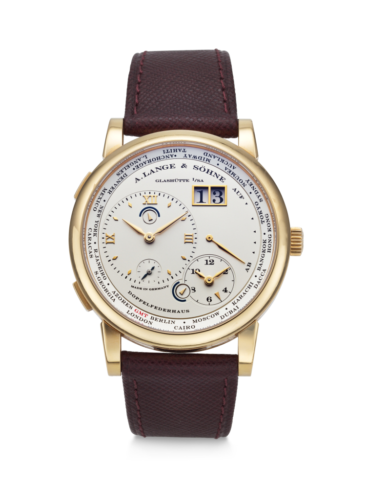 A. LANGE SÖHNE. AN ATTRACTIVE 18K PINK GOLD WORLD AND DUAL TIME WRISTWATCH WITH LARGE DATE, POWER RESERVE, AND DUAL DAY/NIGHT INDICATION