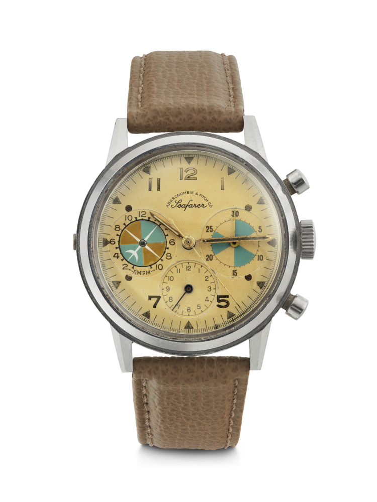 HEUER, FOR ABERCROMBIE FITCH CO. AN EXTREMELY RARE AND DESIRABLE STAINLESS STEEL CHRONOGRAPH WRISTWATCH WITH TIDE INDICATION