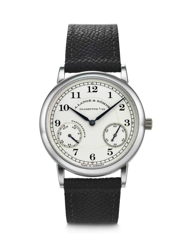 A. LANGE SÖHNE. AN ATTRACTIVE PLATINUM WRISTWATCH WITH POWER RESERVE INDICATION