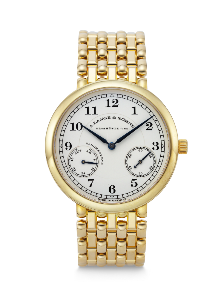 A. LANGE SÖHNE. A VERY RARE AND ELEGANT 18K GOLD WRISTWATCH WITH POWER RESERVE AND BRACELET