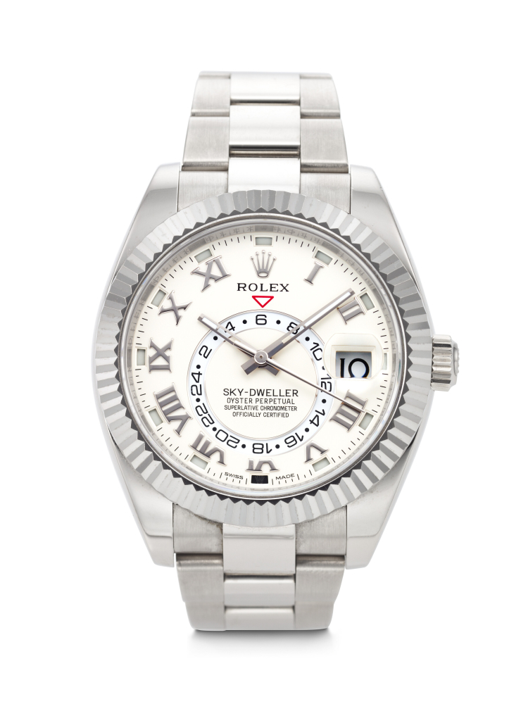 ROLEX. AN ATTRACTIVE 18K WHITE GOLD AUTOMATIC ANNUAL CALENDAR DUAL TIME WRISTWATCH WITH SWEEP CENTRE SECONDS AND BRACELET