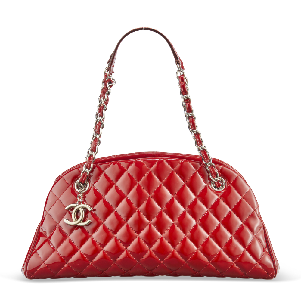 A RED QUILTED PATENT LEATHER JUST MADEMOISELLE MEDIUM BOWLER BAG WITH SILVER HARDWARE