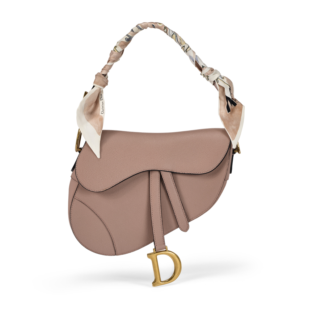 A BLUSH GRAINED CALFSKIN LEATHER SADDLE BAG WITH GOLD HARDWARE AND MITZAH SCARF