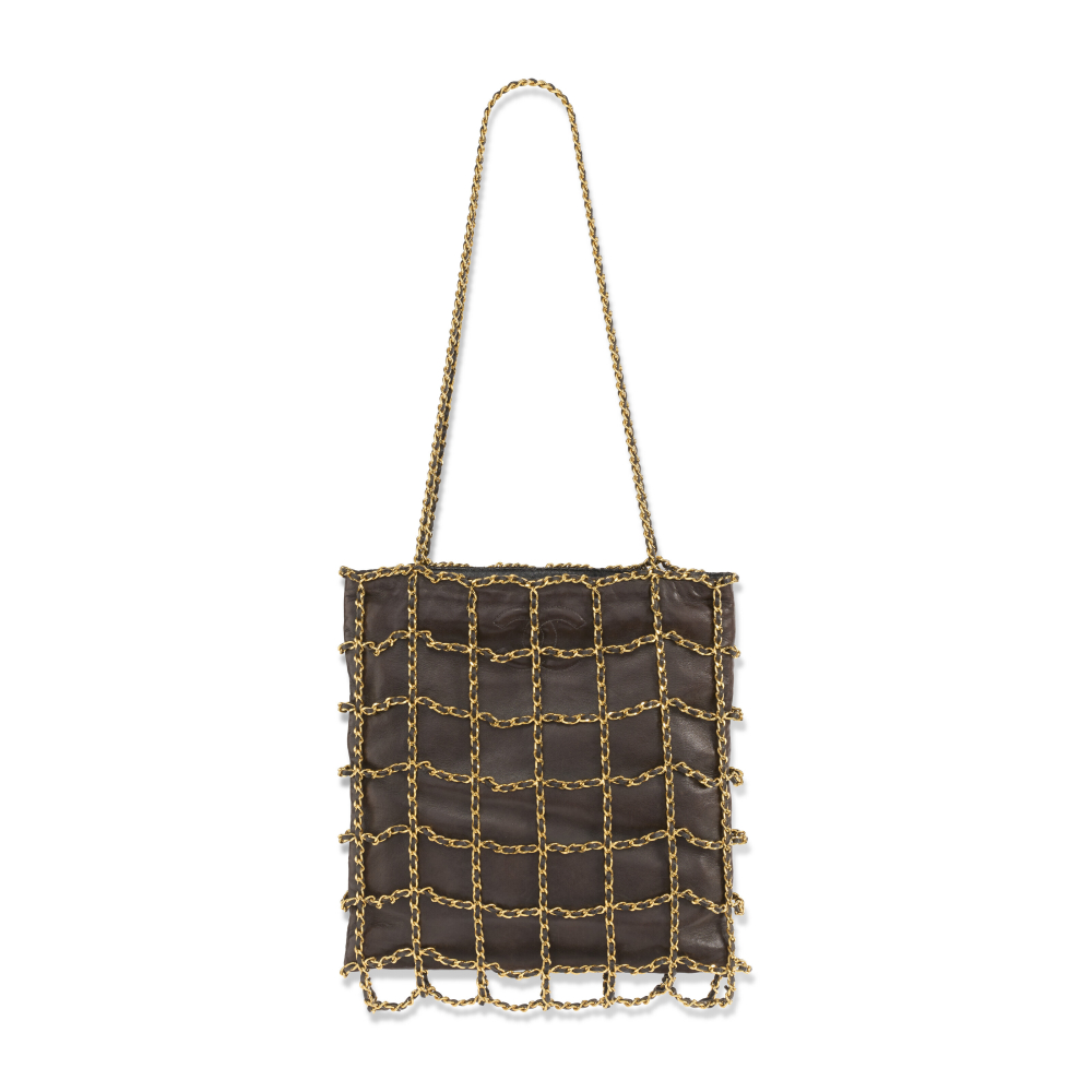 A RARE, BROWN BLACK LAMBSKIN LEATHER CHAIN CAGE CC SHOPPING TOTE WITH GOLD HARDWARE