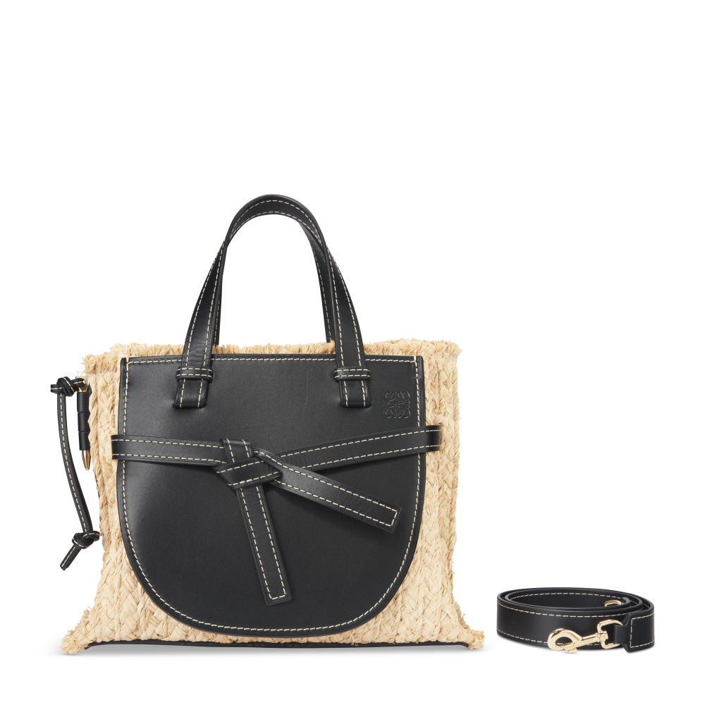 A BLACK LEATHER NATURAL RAFFIA SMALL GATE TOTE WITH GOLD HARDWARE