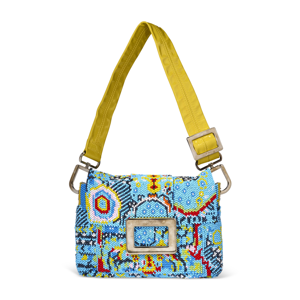 A BLUE AND MULTICOLOR BEADED SHOULDER BAG WITH SILVER HARDWARE