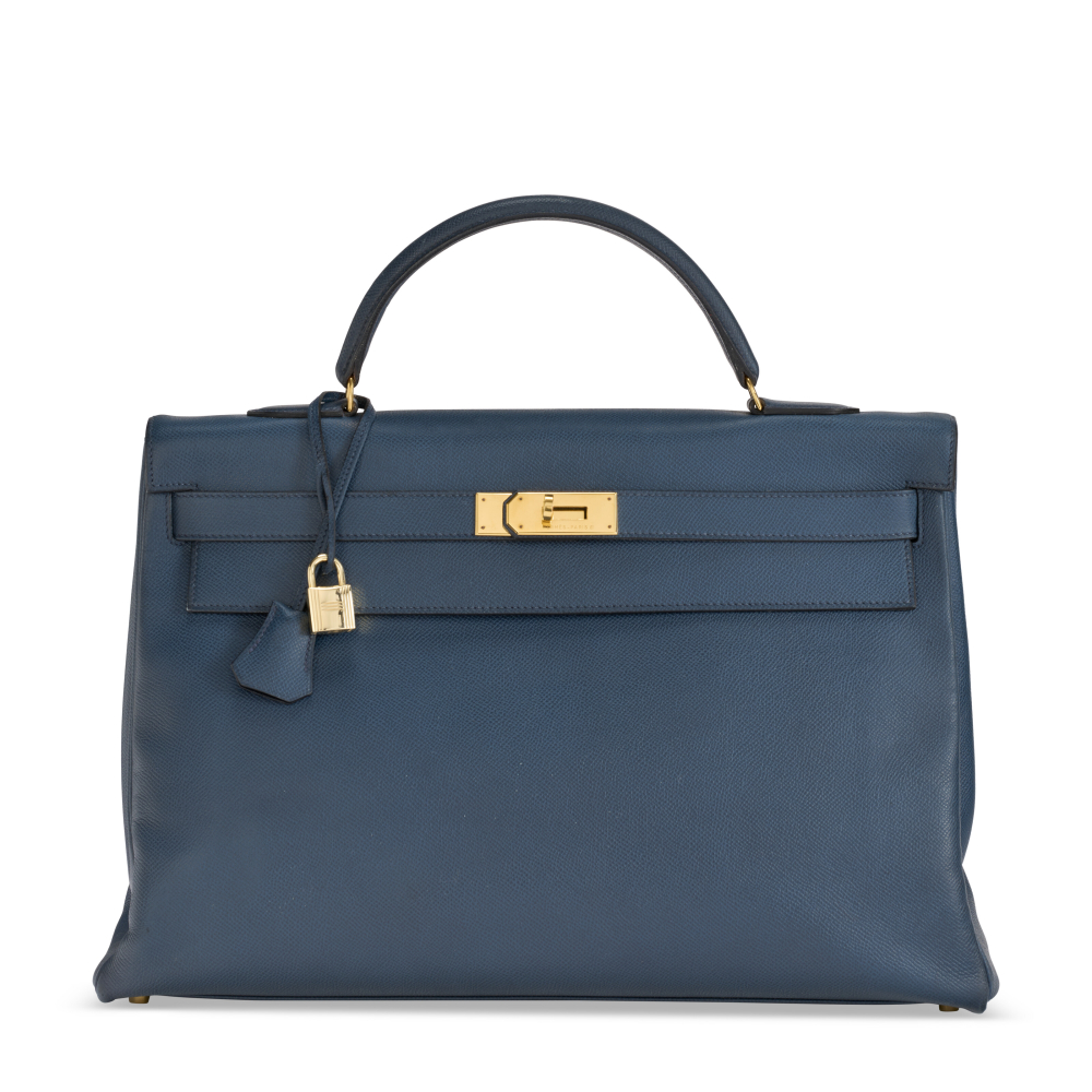 A BLEU MARINE COURCHEVEL LEATHER RETOURNÉ KELLY 40 WITH GOLD HARDWARE