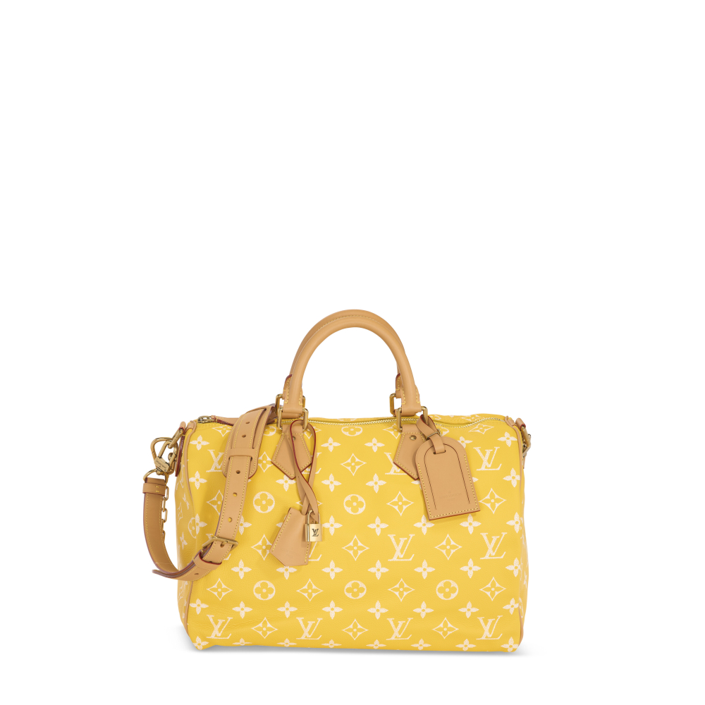 A LIMITED EDITION JAUNE MAT MONOGRAM NATURAL LEATHER BANDOULIÈRE SPEEDY P9 40 WITH GOLD HARDWARE BY PHARRELL WILLIAMS