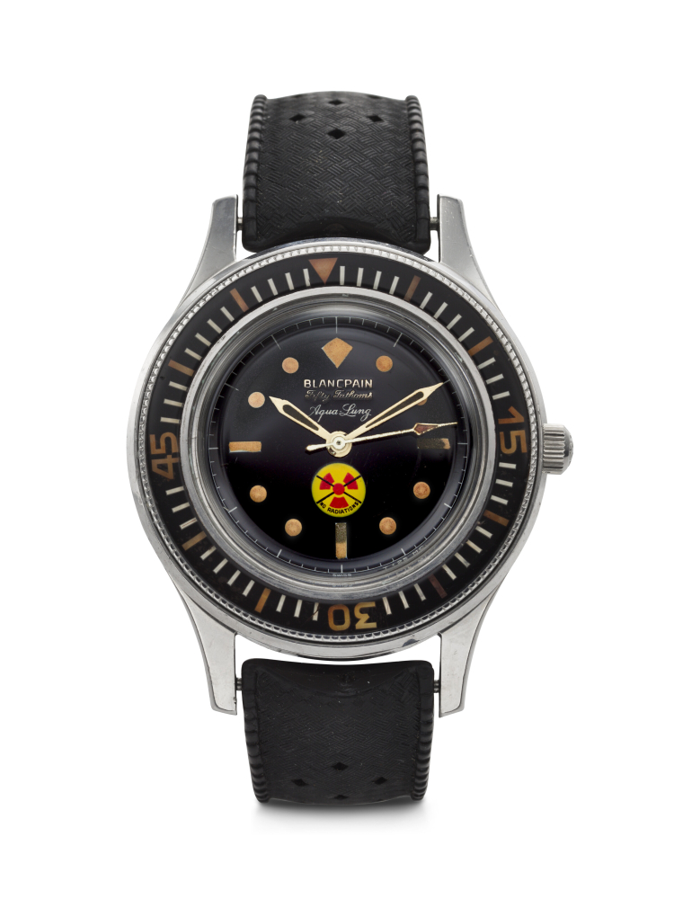 BLANCPAIN, RETAILED BY AQUA LUNG, A VERY RARE STAINLESS STEEL 'FIFTY FATHOMS "NO RAD"'