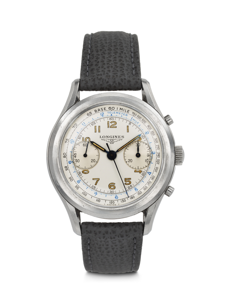 LONGINES, RARE STAINLESS STEEL CHRONOGRAPH WITH TACHYMETER AND TELEMETER SCALE DIAL, REF. 6592-6