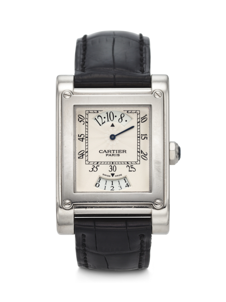 CARTIER, RARE WHITE GOLD 'CPCP TANK À VIS' WITH DATE, REF. 2554
