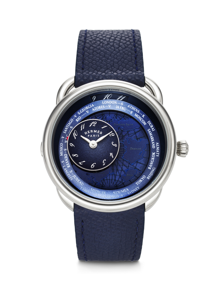 HERMÈS, STAINLESS STEEL WORLD TIME 'ARCEAU LE TEMPS VOYAGEUR', REF. AR10.510