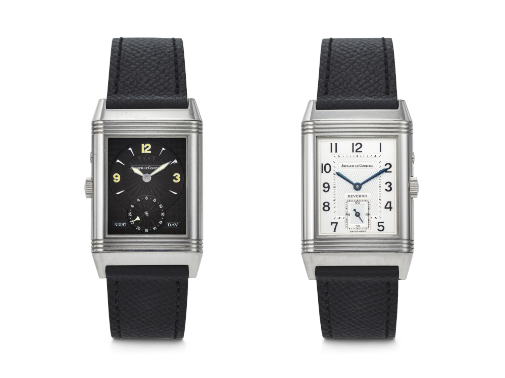 JAEGER-LECOULTRE, STAINLESS STEEL DUAL TIME 'REVERSO DUO FACE' WITH REVERSIBLE CASE, REF. 270.8.54