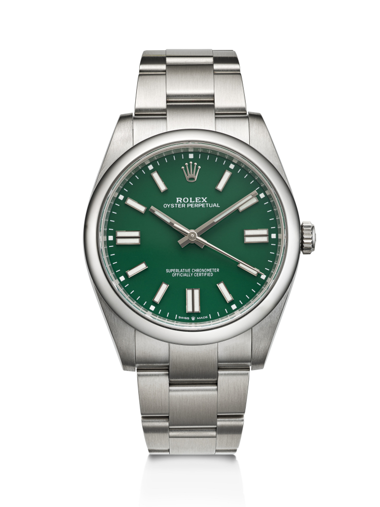 ROLEX, STAINLESS STEEL ‘OYSTER PERPETUAL’, WITH GREEN DIAL, REF. 124300