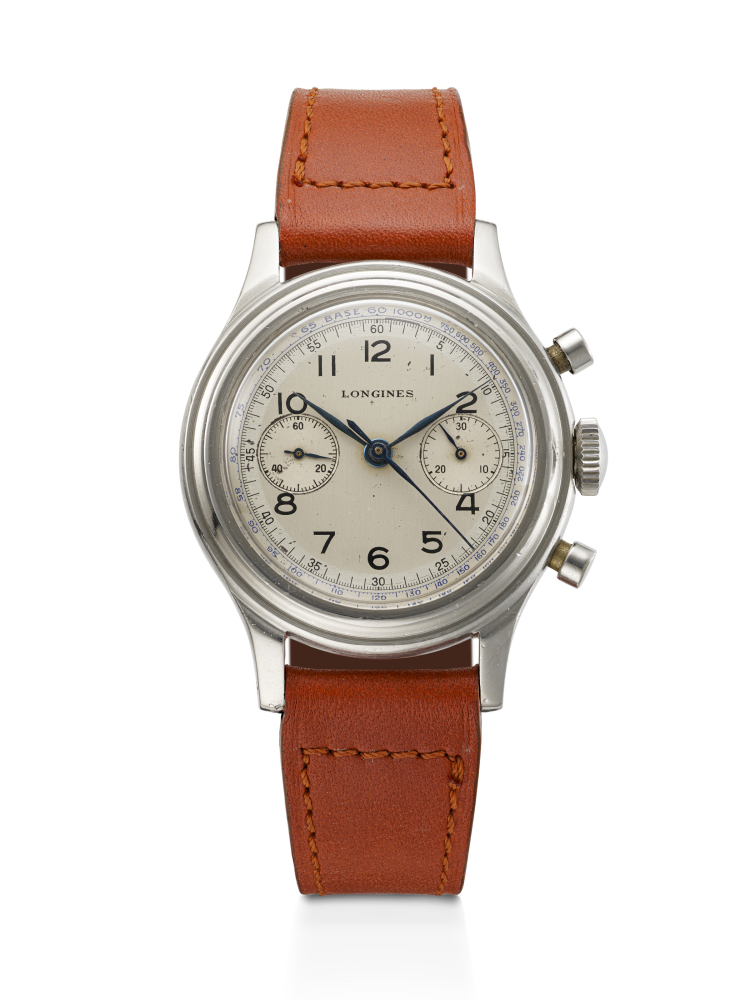 LONGINES, RARE STAINLESS STEEL FLYBACK CHRONOGRAPH WRISTWATCH, WITH TWO-TONE SILVERED SECTOR DIAL, REF. 5415
