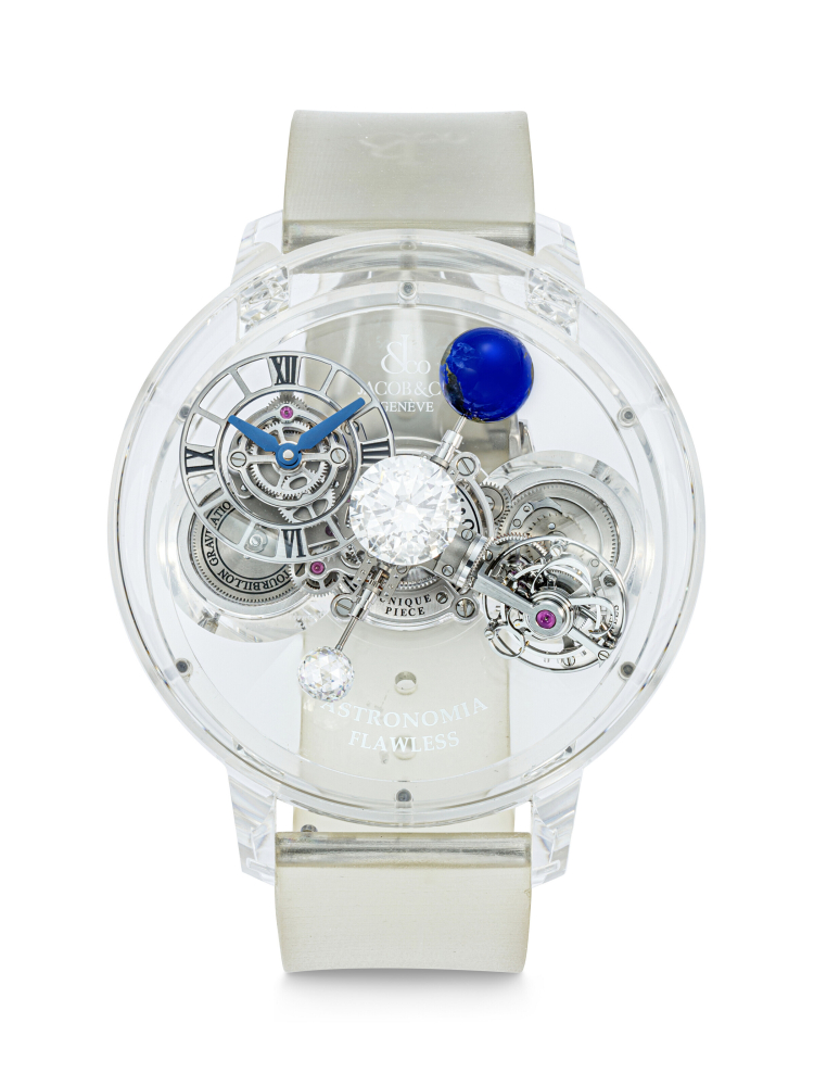 JACOB CO. A UNIQUE AND IMPRESSIVE SAPPHIRE TRIPLE AXIS TOURBILLON WRISTWATCH WITH A 3.02 CARAT D FLAWLESS DIAMOND AND A 1.00 CARAT 'JACOB CUT' DIAMOND WITH 288 FACETS