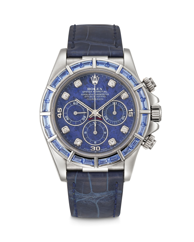 ROLEX. AN EXTREMELY RARE 18K WHITE GOLD, SAPPHIRE AND DIAMOND-SET AUTOMATIC CHRONOGRAPH WRISTWATCH WITH SODALITE DIAL