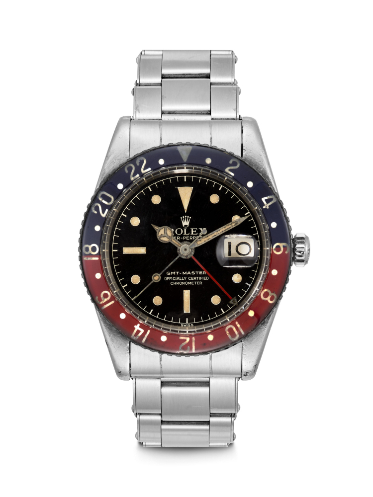 ROLEX. A VERY RARE STAINLESS STEEL AUTOMATIC DUAL TIME WRISTWATCH WITH SWEEP CENTRE SECONDS, DATE, BRACELET AND BAKELITE BEZEL