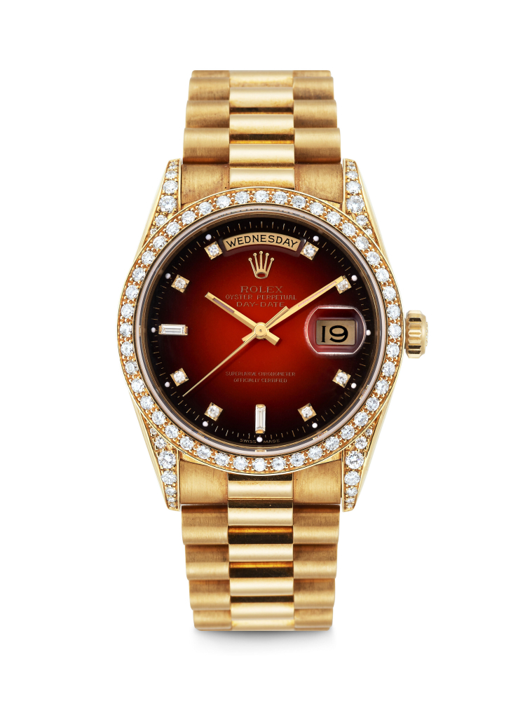 ROLEX. A RARE 18K GOLD AND DIAMOND-SET AUTOMATIC WRISTWATCH WITH SWEEP CENTRE SECONDS, DAY, DATE AND BRACELET 