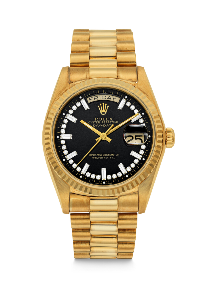 ROLEX. A DAZZLING 18K GOLD AND DIAMOND-SET AUTOMATIC WRISTWATCH WITH SWEEP CENTRE SECONDS, DAY, DATE AND BRACELET