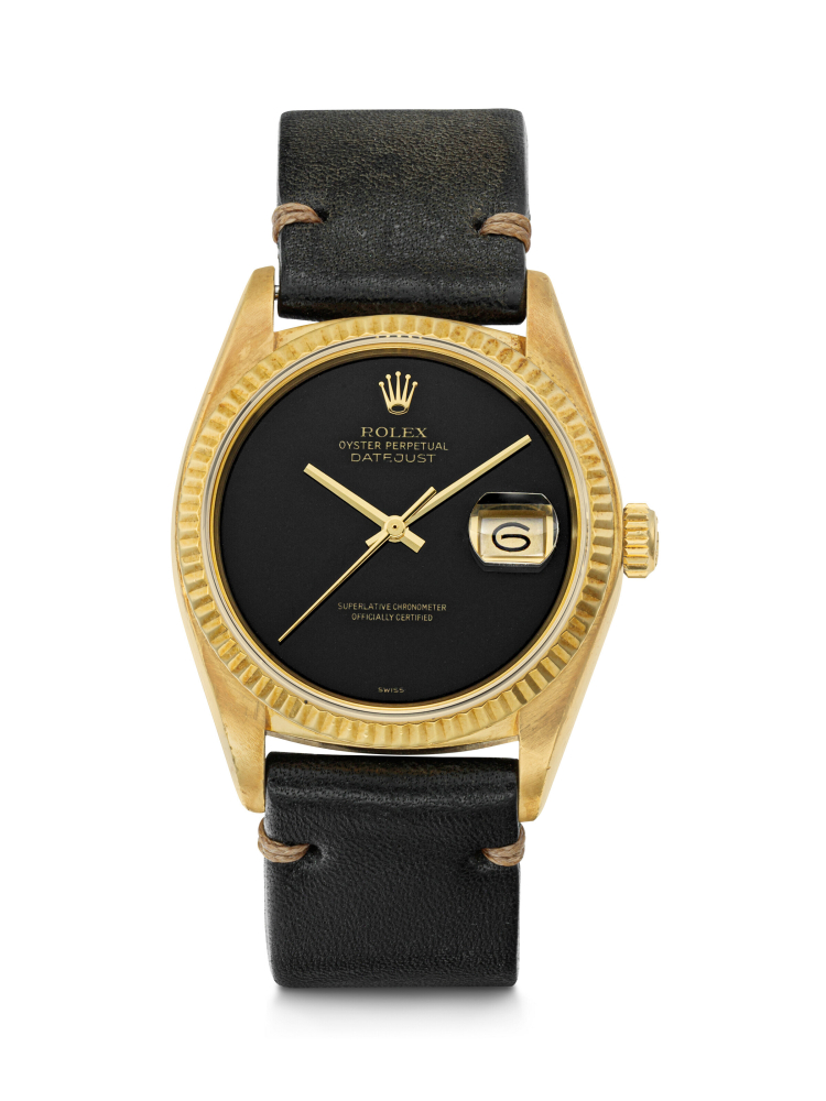 ROLEX. AN 18K GOLD AUTOMATIC WRISTWATCH WITH SWEEP CENTRE SECONDS, DATE AND ONYX DIAL 