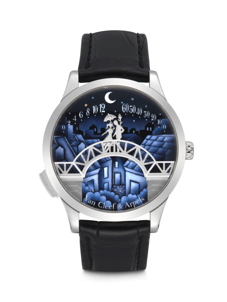 VAN CLEEF ARPELS. A RARE, ATTRACTIVE AND COMPLICATED 18K WHITE GOLD AUTOMATIC AUTOMATON DOUBLE RETROGRADE WRISTWATCH WITH ENAMEL DIAL