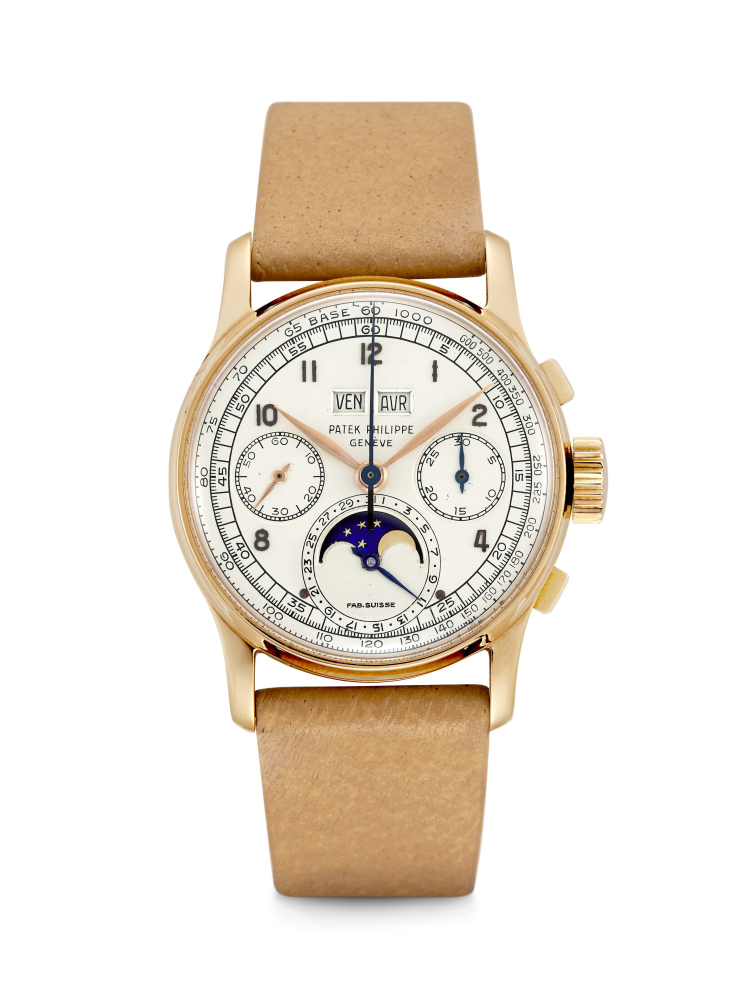 PATEK PHILIPPE. AN EXCEPTIONAL AND LEGENDARY 18K PINK GOLD PERPETUAL CALENDAR CHRONOGRAPH WRISTWATCH WITH MOON PHASES AND FRENCH CALENDAR