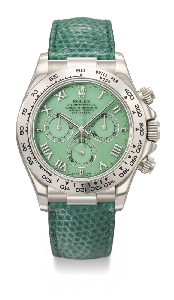 ROLEX. A RARE AND VIBRANT 18K WHITE GOLD AUTOMATIC CHRONOGRAPH WRISTWATCH WITH GREEN CHRYSOPRASE DIAL