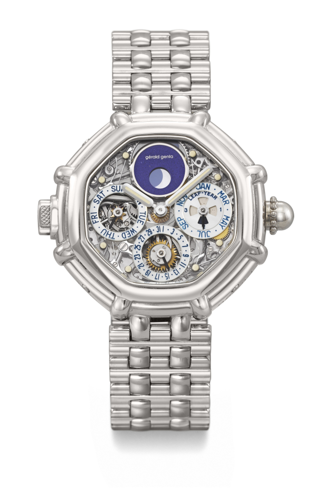 GERALD GENTA. A VERY RARE, HIGHLY ATTRACTIVE AND HEAVY PLATINUM AUTOMATIC SKELETONIZED MINUTE REPEATING PERPETUAL CALENDAR WRISTWATCH WITH MOON PHASES AND LEAP YEAR INDICATION