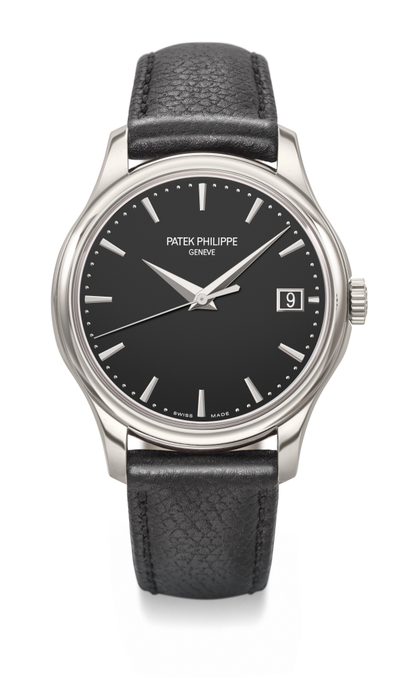 PATEK PHILIPPE. AN ATTRACTIVE 18K WHITE GOLD AUTOMATIC WRISTWATCH WITH SWEEP CENTRE SECONDS, DATE AND OFFICER-STYLE HINGED CASE BACK