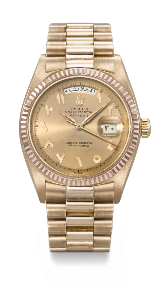 ROLEX. AN EXTREMELY RARE AND ATTRACTIVE 18K PINK GOLD AUTOMATIC WRISTWATCH WITH ARABIC CALENDAR, EASTERN ARABIC NUMERALS AND BRACELET