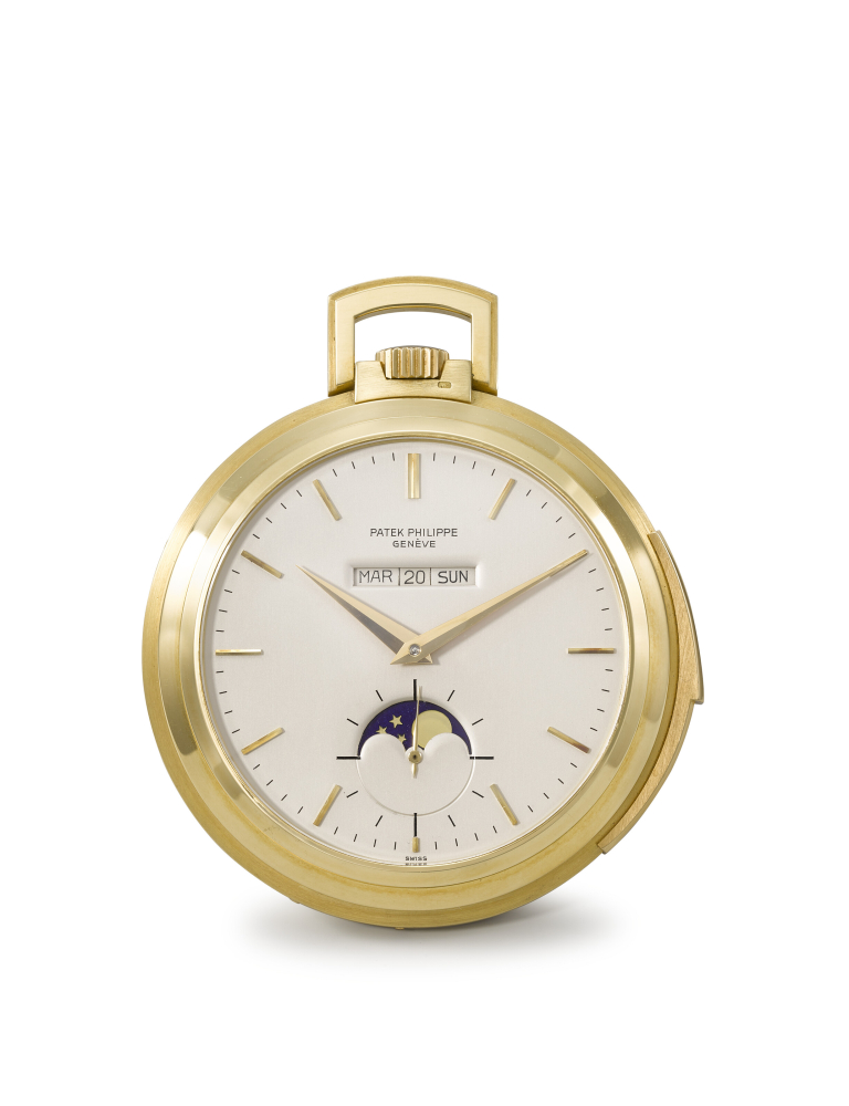 PATEK PHILIPPE. AN EXTREMELY RARE AND ATTRACTIVE 18K GOLD OPENFACE MINUTE REPEATING PERPETUAL CALENDAR KEYLESS LEVER WATCH WITH MOON PHASES