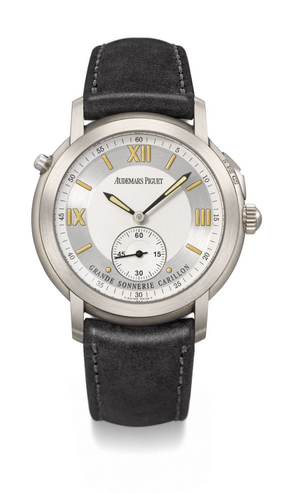 AUDEMARS PIGUET. A POSSIBLY UNIQUE AND INCREDIBLE TITANIUM MINUTE REPEATING GRANDE AND PETITE SONNERIE CARILLON WRISTWATCH WITH TWO-TONE DIAL