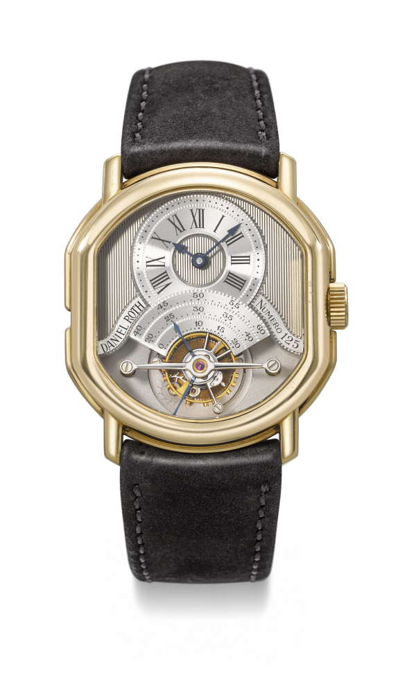 DANIEL ROTH. A VERY RARE AND CHARMING 18K GOLD DOUBLE SIDED TOURBILLON WRISTWATCH WITH DATE AND POWER RESERVE INDICATION