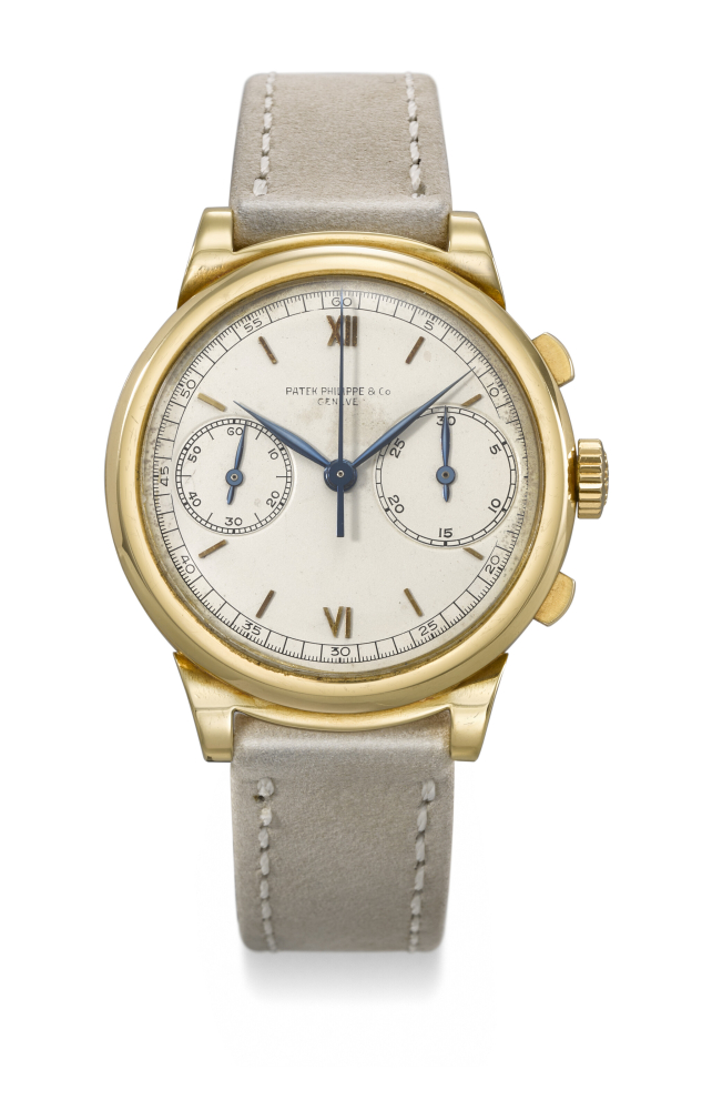 PATEK PHILIPPE. A POSSIBLY UNIQUE, HIGHLY IMPORTANT AND HISTORICAL 18K GOLD PROTOTYPE CHRONOGRAPH WRISTWATCH WITH UNIQUELY CONSTRUCTED CASE AND OVERSIZED 30-MINUTE REGISTER