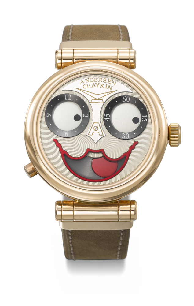 ANDERSEN GENEVE KONSTANTIN CHAYKIN. A REMARKABLE AND PLAYFUL 18K RED GOLD LIMITED EDITION DOUBLE SIDED WRISTWATCH WITH INDEPENDENT AUTOMATON AND MOON PHASES