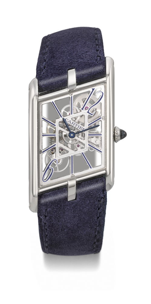 CARTIER. A VERY RARE AND UNUSUAL PLATINUM LIMITED EDITION SKELETONIZED ASYMETRICAL WRISTWATCH