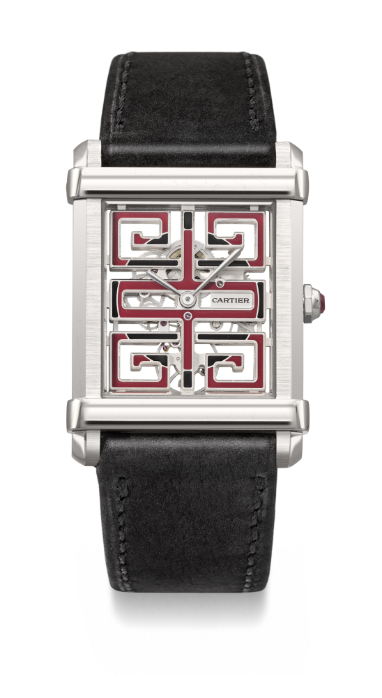 CARTIER. A POSSIBLY UNIQUE AND DISTINGUISHED PLATINUM SKELETONIZED WRISTWATCH