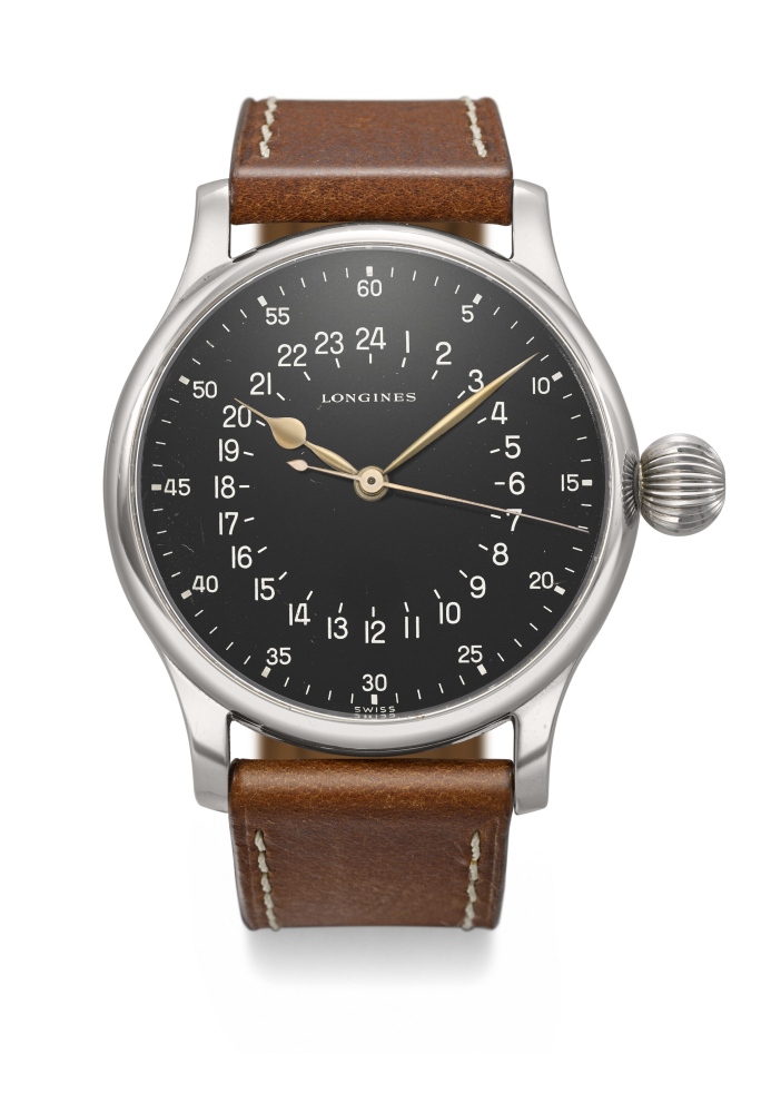 LONGINES. AN EXTREMELY RARE AND LARGE STAINLESS STEEL PILOT'S WRISTWATCH WITH SWEEP CENTRE SECONDS AND 24-HOUR INDICATION, MADE FOR SWISSAIR