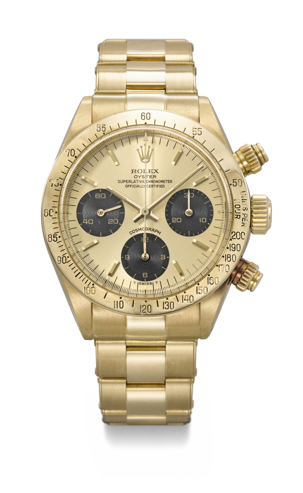 ROLEX. A RARE AND ATTTRACTIVE 18K GOLD CHRONOGRAPH WRISTWATCH WITH BRACELET
