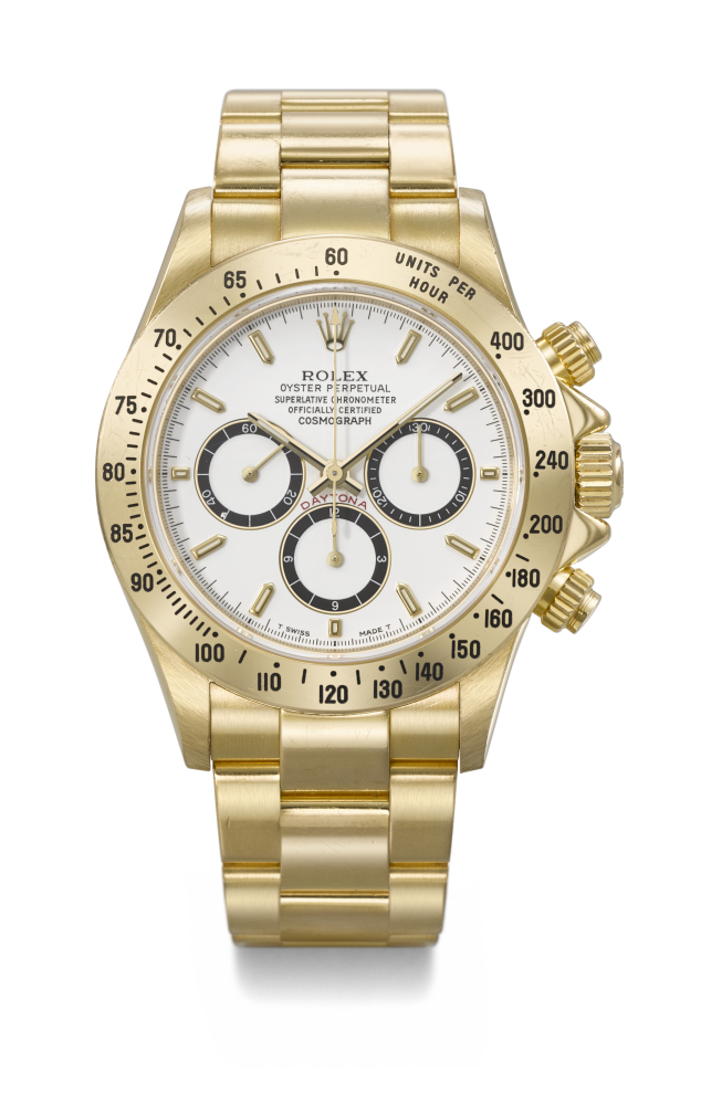 ROLEX. A RARE AND ATTRACTIVE 18K GOLD AUTOMATIC CHRONOGRAPH WRISTWATCH WITH BRACELET