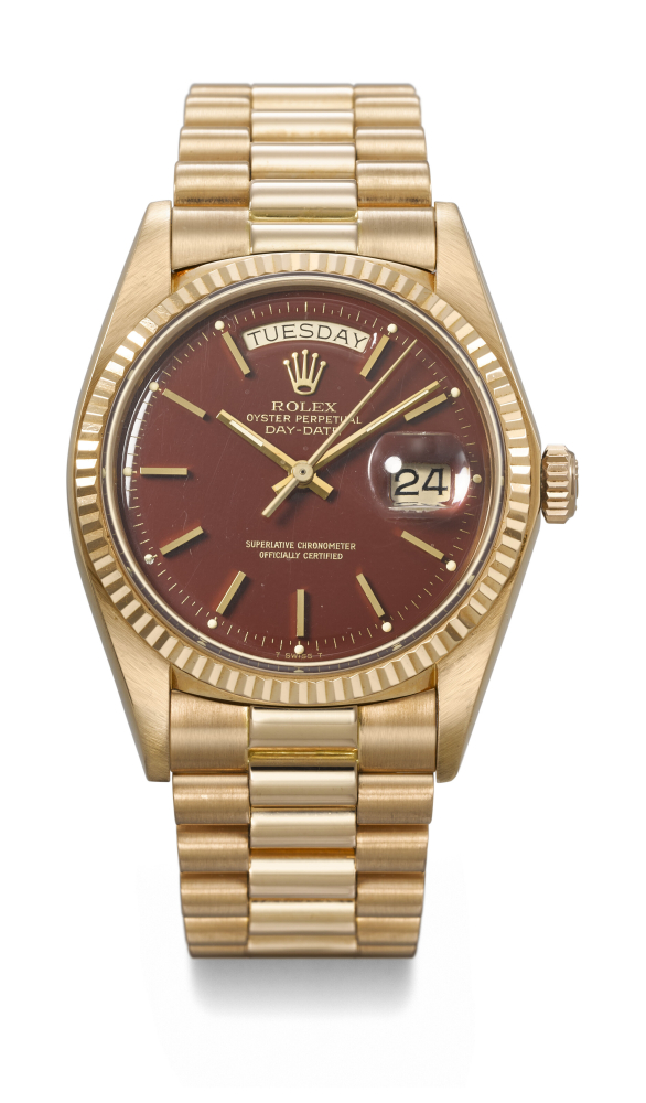 ROLEX. A VERY RARE AND HIGHLY ATTRACTIVE 18K PINK GOLD AUTOMATIC WRISTWATCH WITH SWEEP CENTER SECONDS, OXBLOOD LACQUERED 'STELLA' DIAL AND BRACELET