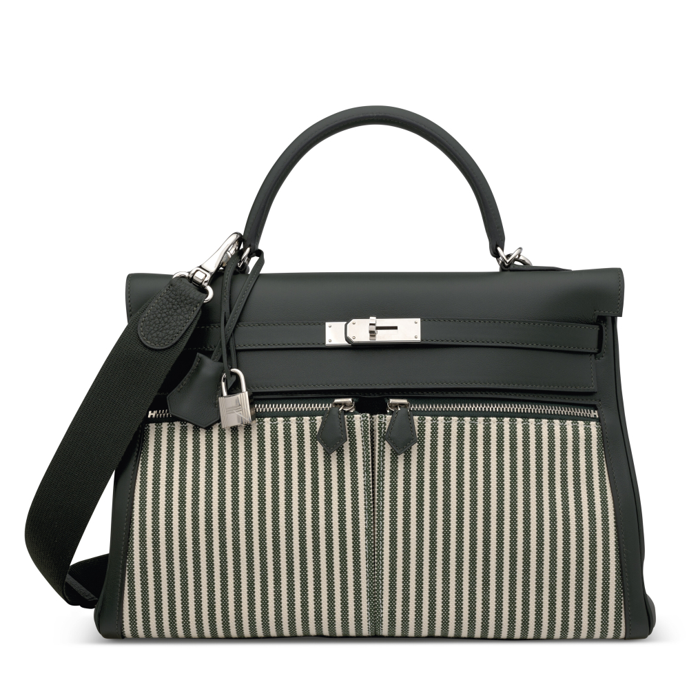 A LIMITED EDITION VERT ANGLAIS SWIFT LEATHER TOILE RIGA KELLY LAKIS 35 WITH PALLADIUM HARDWARE