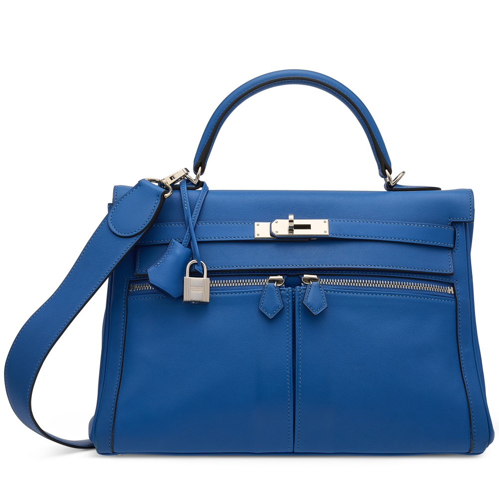 A BLEU ZELLIGE SWIFT LEATHER KELLY LAKIS 32 WITH PALLADIUM HARDWARE