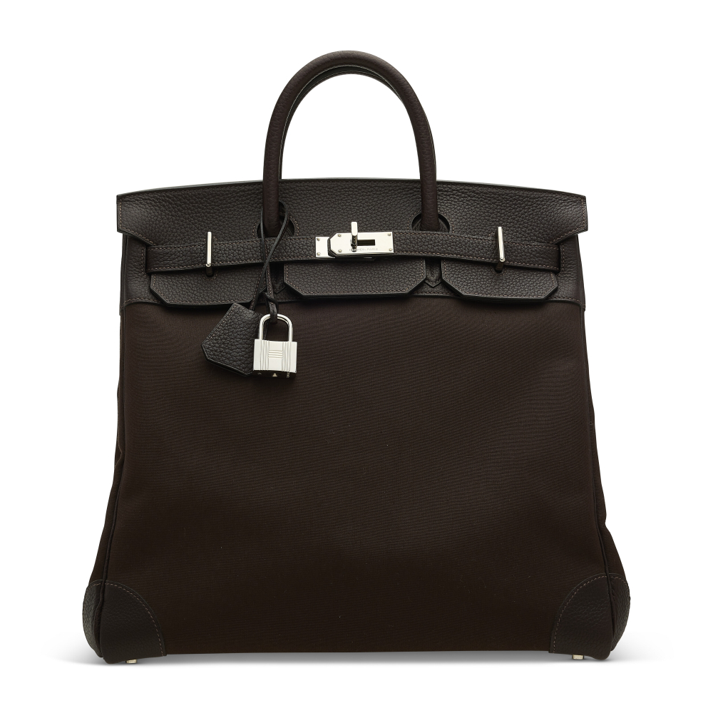 AN ÉBÈNE CLÉMENCE LEATHER TOILE HAC BIRKIN 40 WITH PALLADIUM HARDWARE